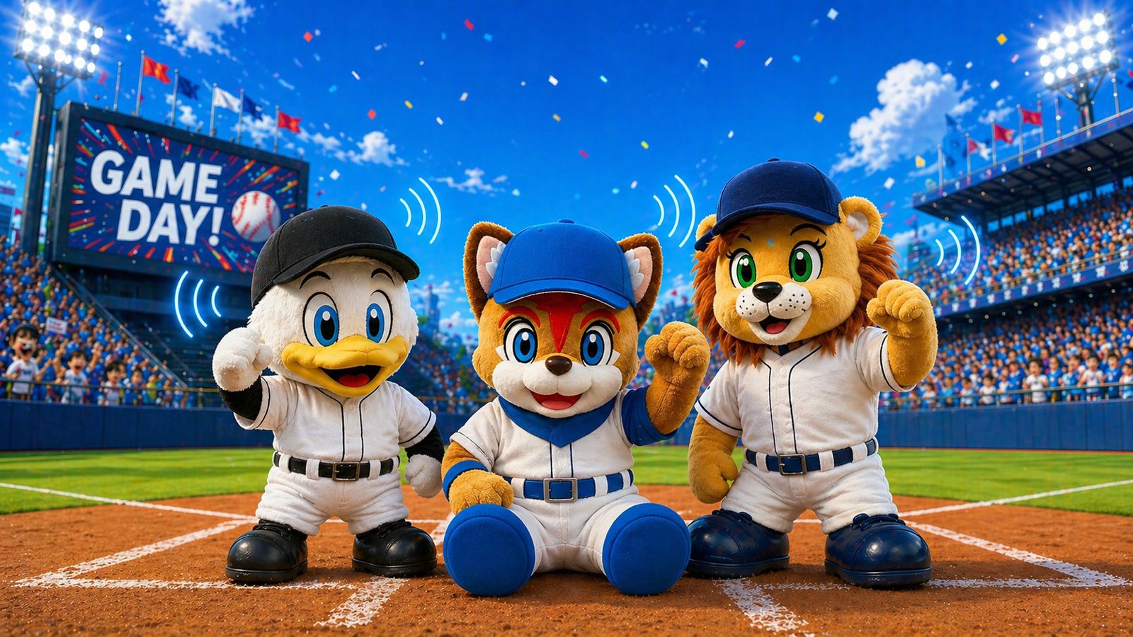 Three licensed team mascot plush toys speaking on a baseball field